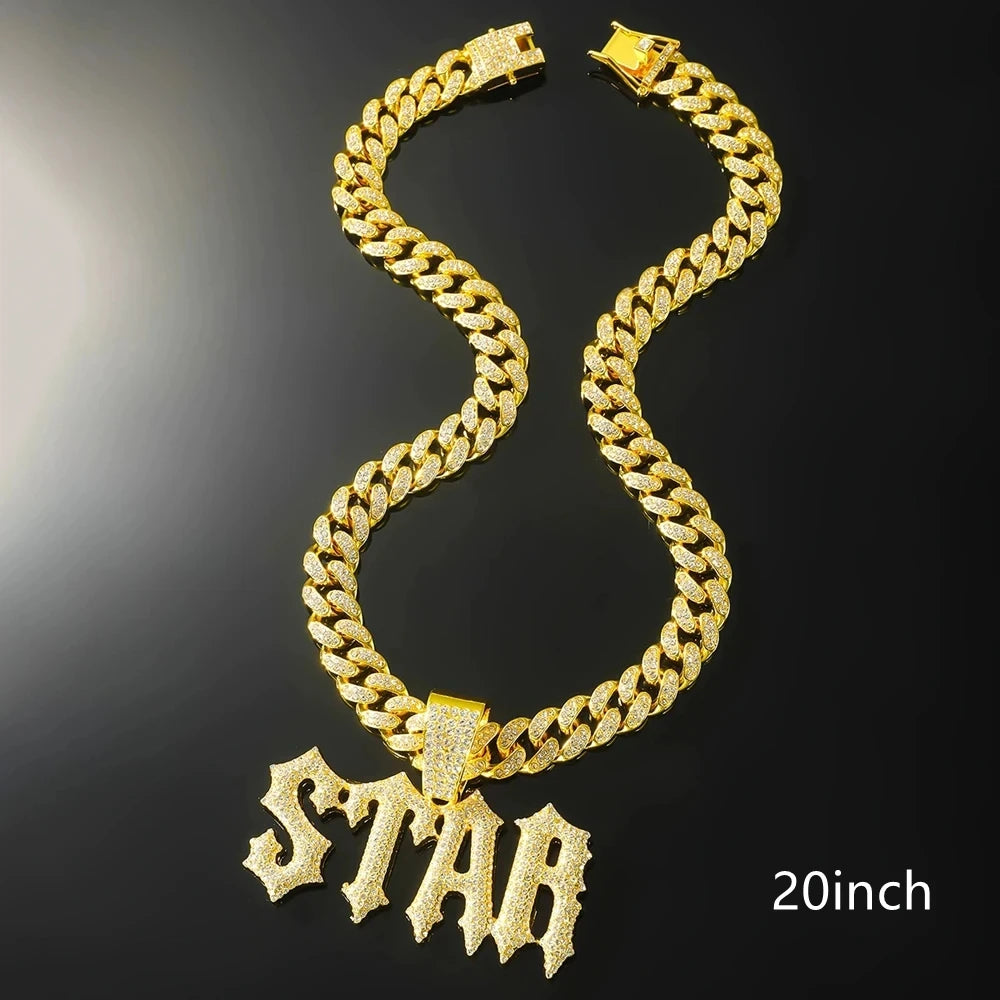 Iced Out Star Pendant Necklace with Cuban Chain