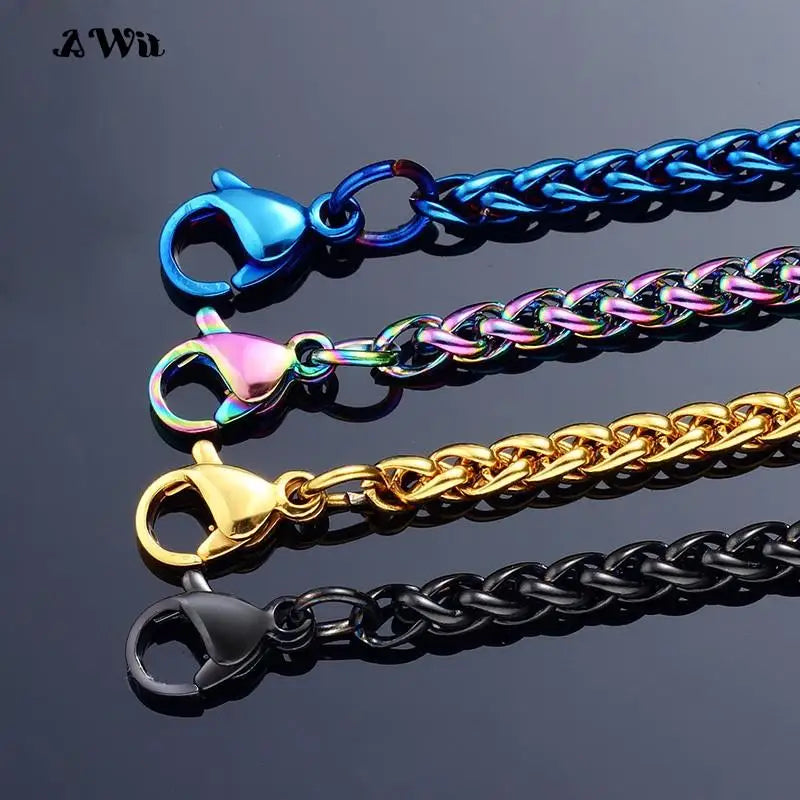 AWit 3MM-8MM STAINLESS STEEL TWIST LONG CHAIN NECKLACE FOR MEN Neck Punk Jewelry Pendant Accessories Male Chains