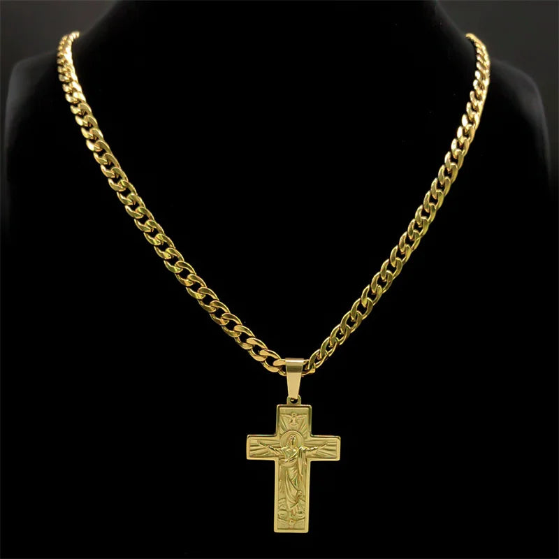 Stainless Steel Cross Jesus Pendant Necklace for Men Gold Color Hip Hop Cuban Chain Religious Crucifix Necklaces