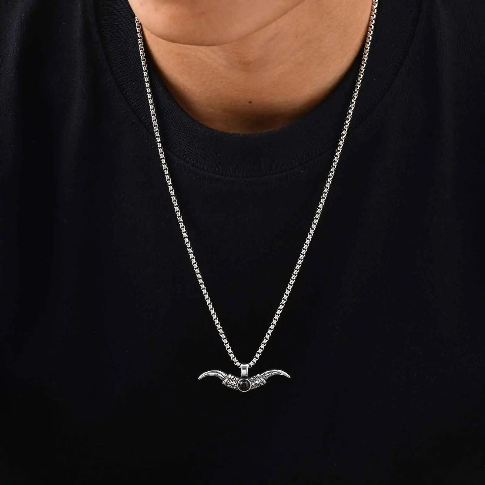 Bull Horn Pendant Necklace — Stainless Steel