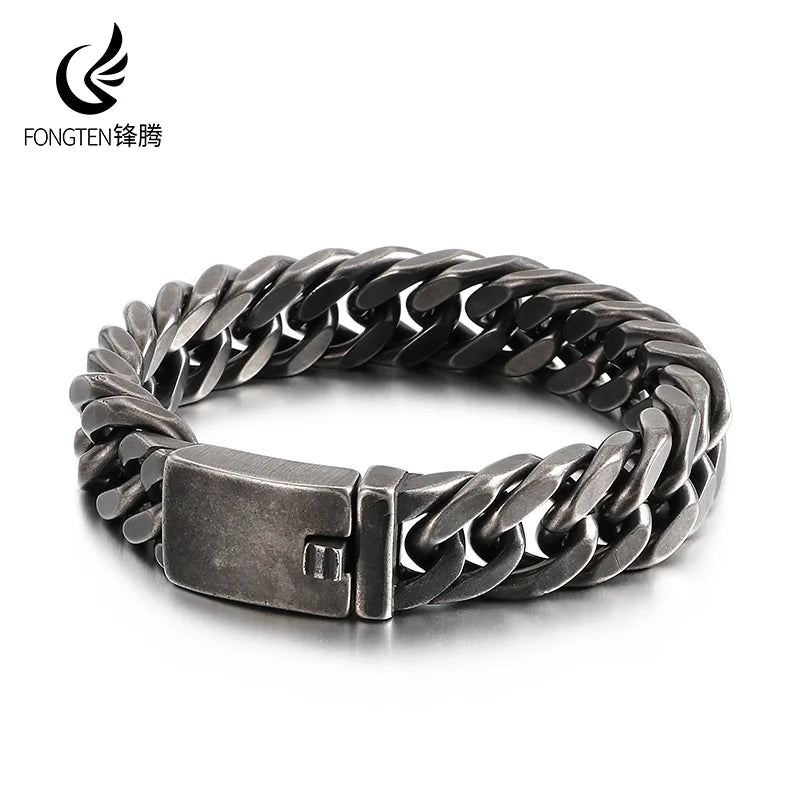 Fongten Retro Black Bracelet For Men Cuban Chain Stainless Steel Heavy Wide Curb Bracelets Bangle Male Jewelry