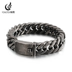 Fongten Retro Black Bracelet For Men Cuban Chain Stainless Steel Heavy Wide Curb Bracelets Bangle Male Jewelry