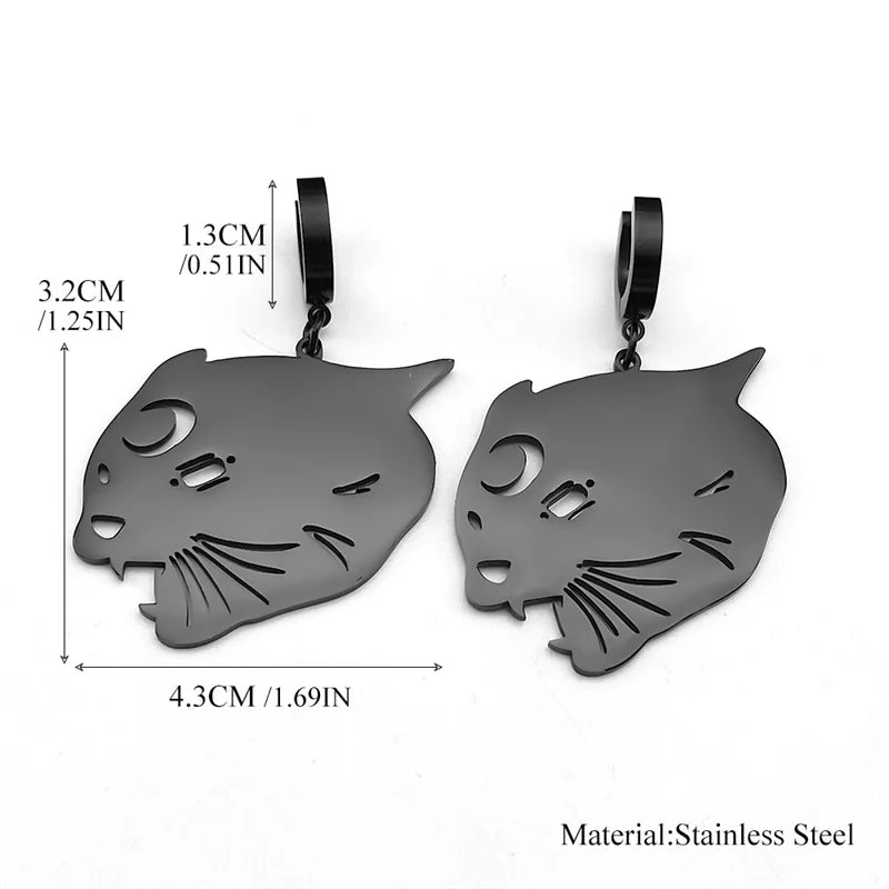 Cat Silver Earrings Witchcraft Head Moon Hoop