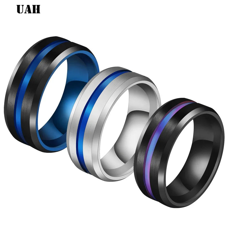 UAH Hot Sale Groove Rings Black Blu Stainless Steel Midi Rings For Men Charm Male Jewelry