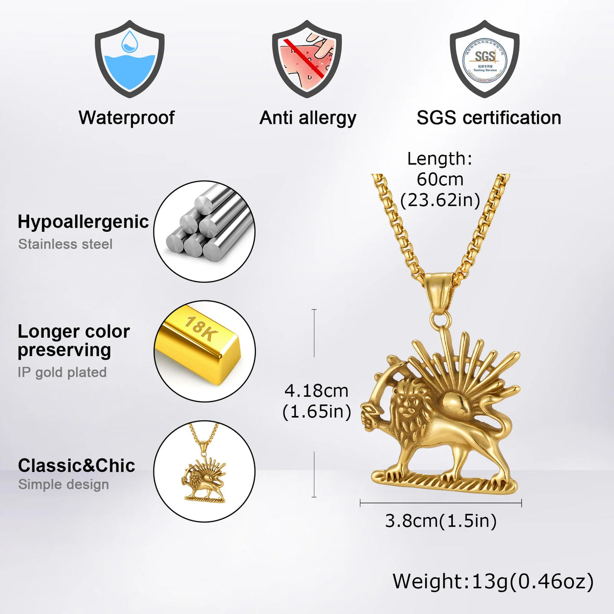 Lion Sun Pendant Necklace for Men Him, Stainless Steel Gold Silver Color Box Chain, Streetwear Daily Jewelry Gift