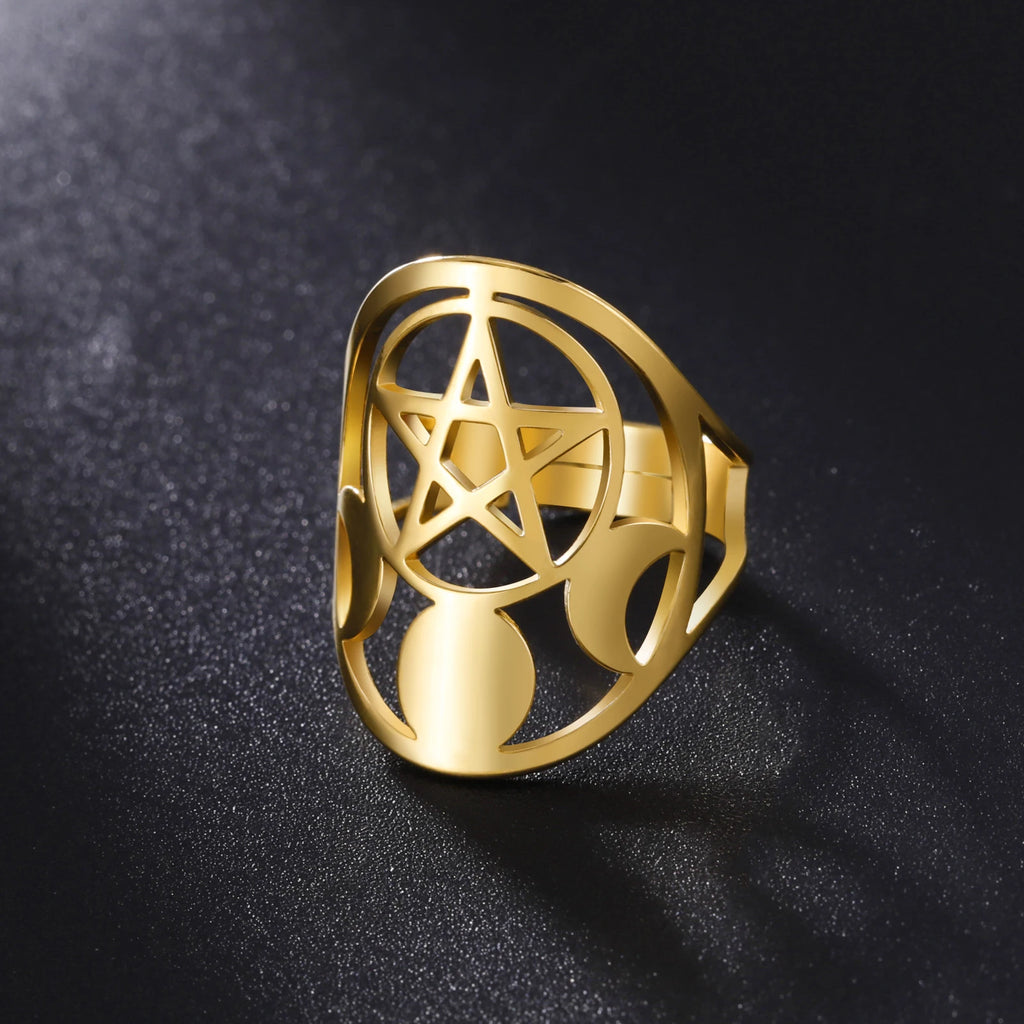Moon Phase Pentagram Adjustable Ring — Stainless Steel