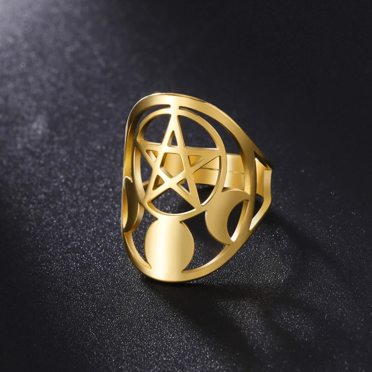 Moon Phase Pentagram Adjustable Ring — Stainless Steel