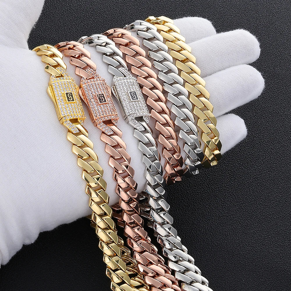 HHIOK Gold Silver Rose Gold Miami Cuban Link Bracelet Men Copper Zircon Iced Out Box Clasp Hip Hop Jewelry