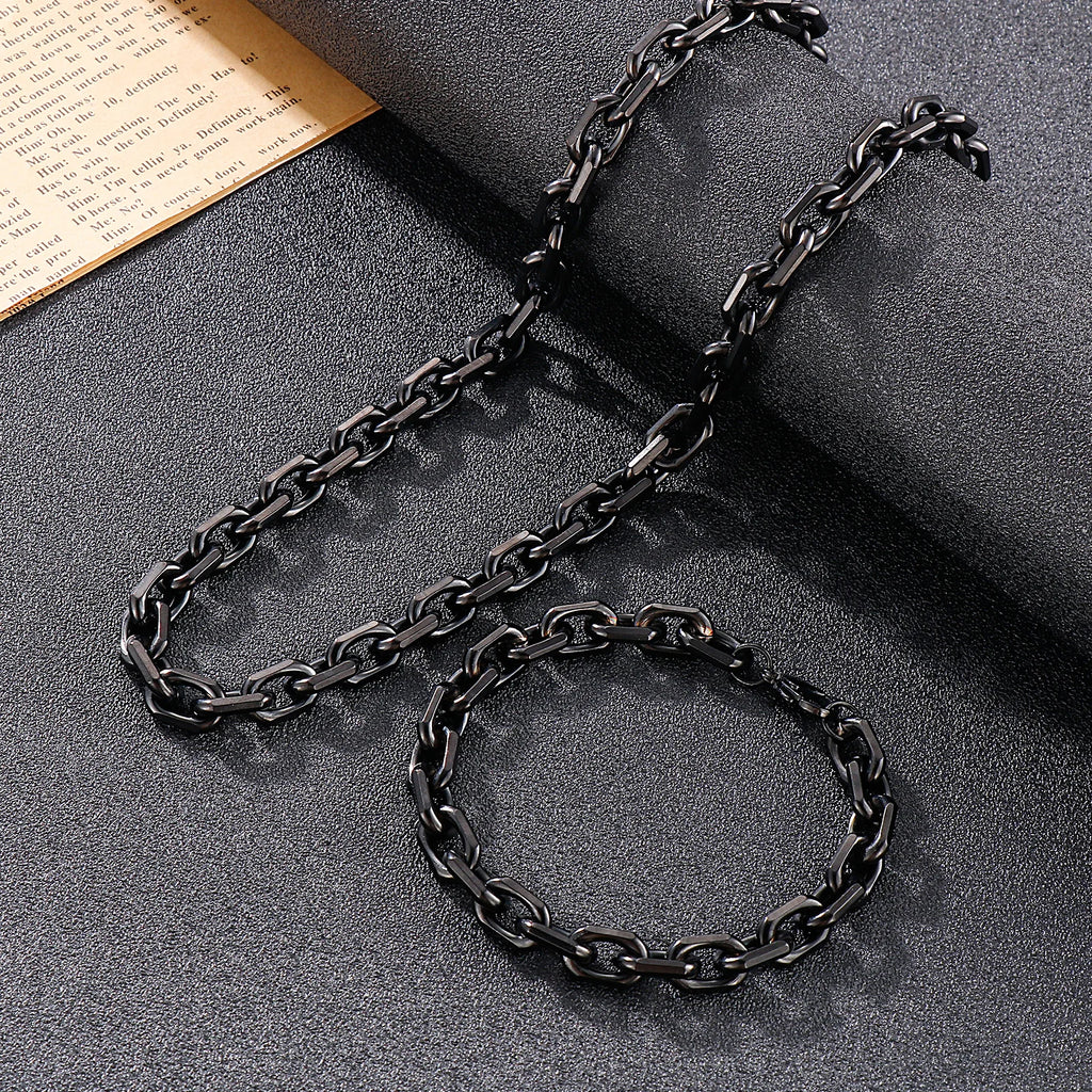 8mm Black Link Chain Necklace Bracelet For Men Stainless Steel Jewelry Gift Set