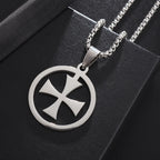 Templar Cross Round Medal Pendant Necklace — Stainless Steel