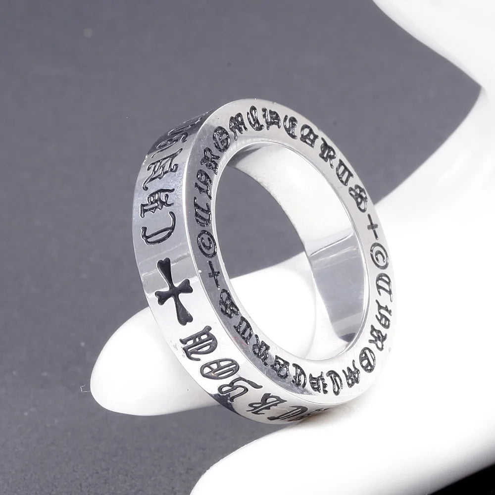 Retro Six-Character Mantra Stainless Steel Finger Ring Men Women Eternal Heart Cross Ring - Vintage Style Jewelry Accessories