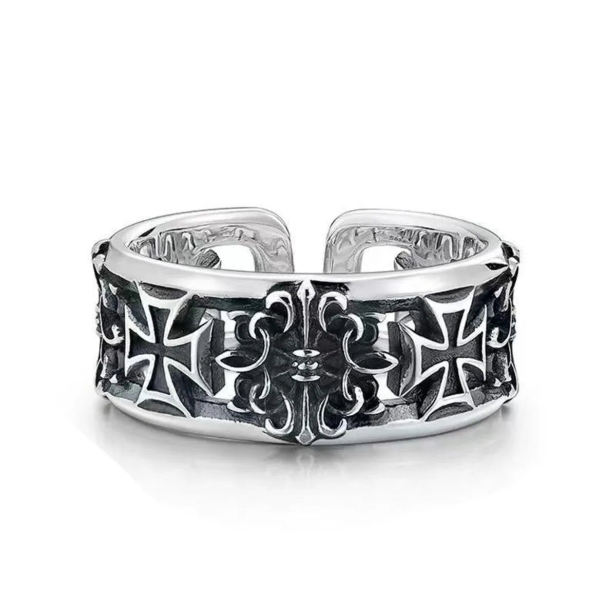 Dark Engraved Symbol Adjustable Open Ring — Stainless Steel