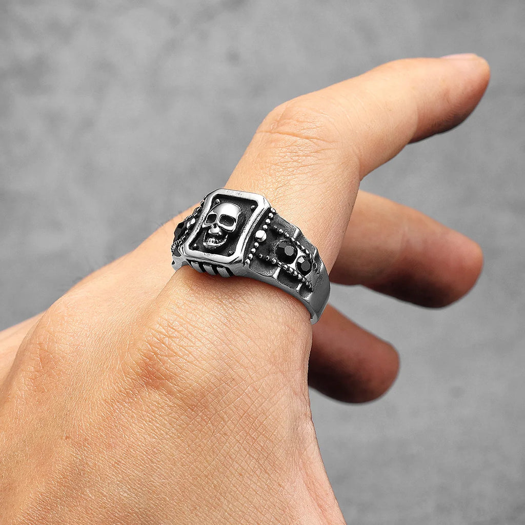 Skull Ring Black Gemstone — Stainless Steel