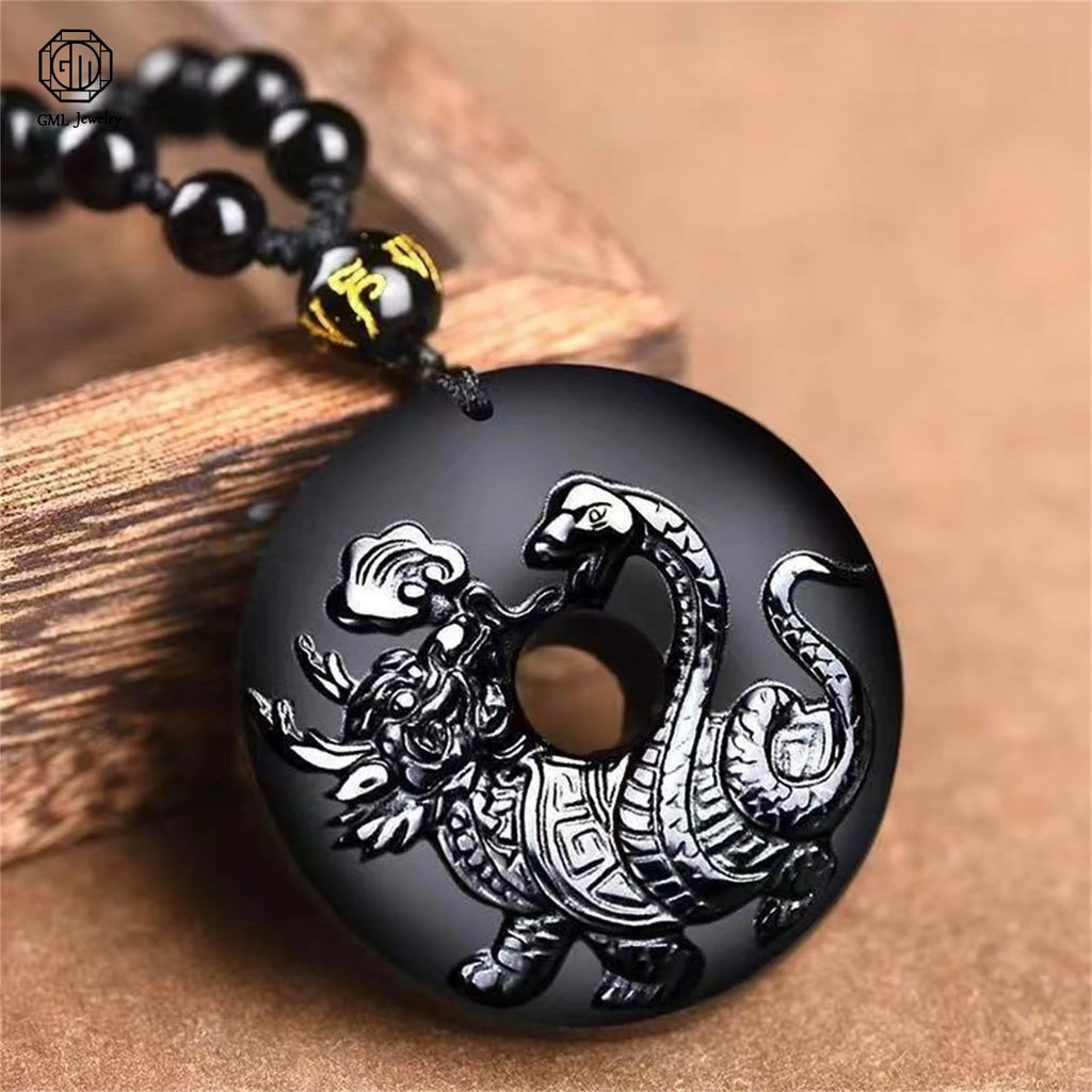 Natural Black Obsidian Xuanwu Tortoise Snake Pendant Five Elements Water Element Feng Shui Amulet Unisex Men Women Necklace