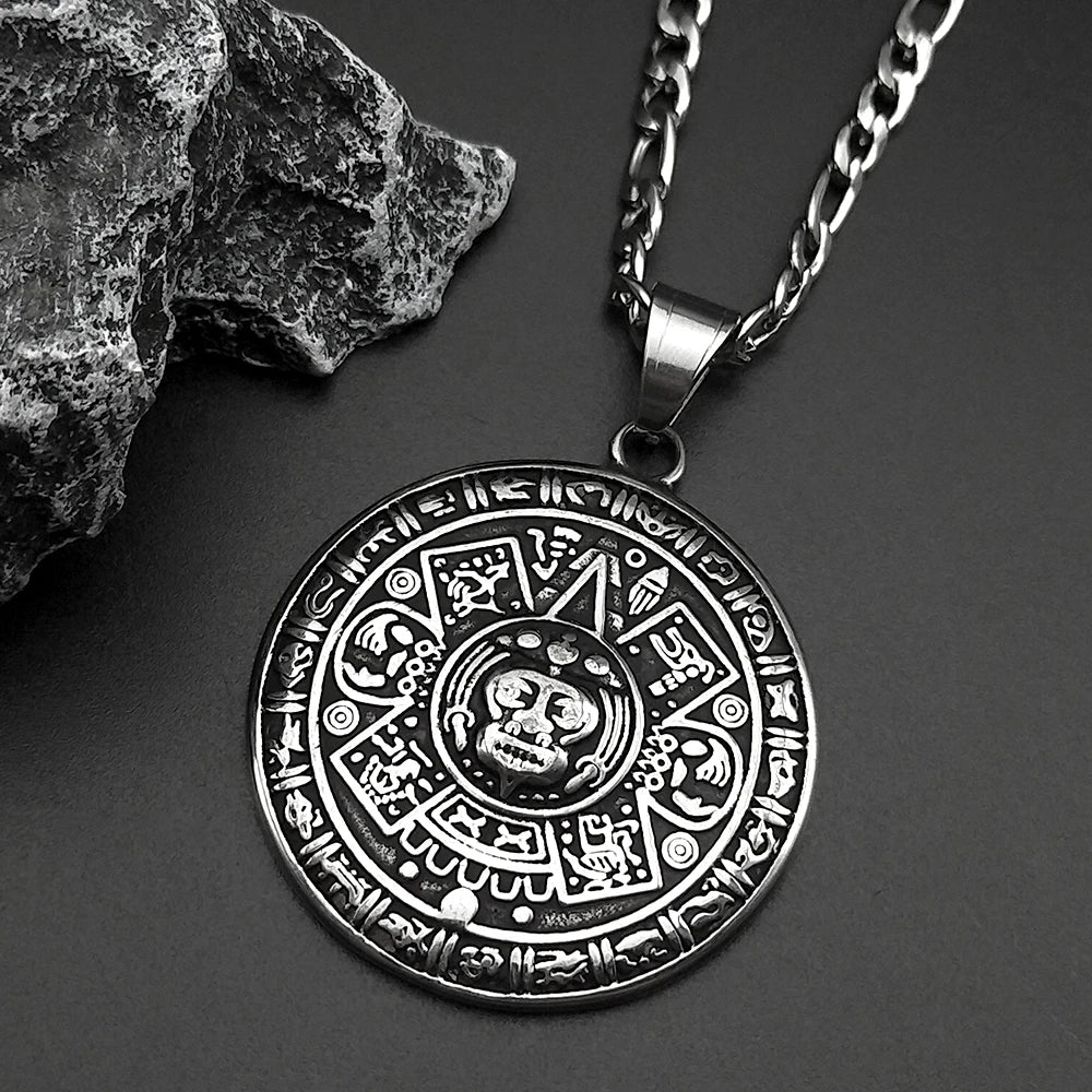 Vintage Mayan Symbol Pendant Necklace For Men Women Stainless Steel Black Ethnic Style Faith Amulet Chain Jewelry