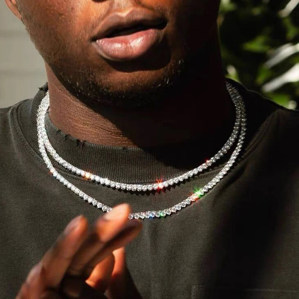 Iced Out Bling Zircon 3mm Tennis Chain Necklace 3 Prong Gold Silver Color CZ Charm Choker Women Man Hip Hop Fashion