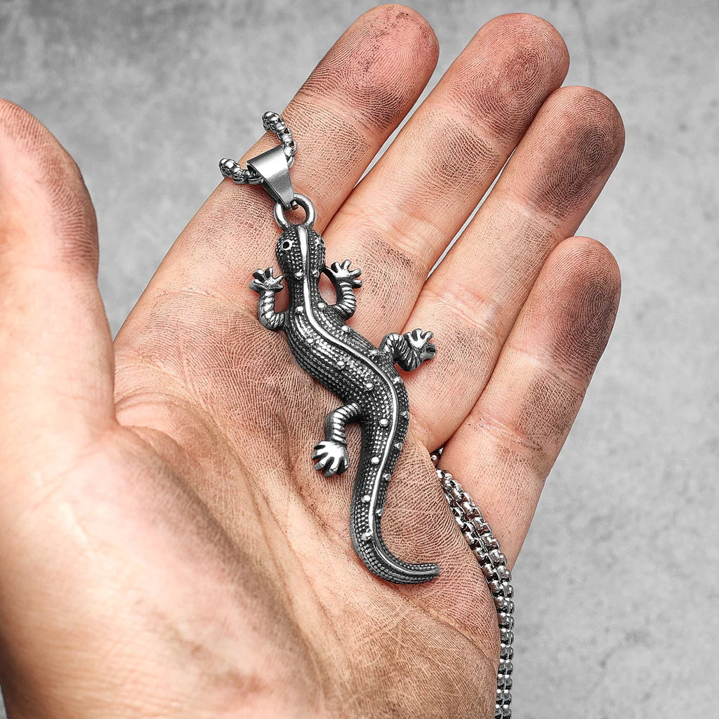 Studded Gecko Pendant Necklace — Stainless Steel