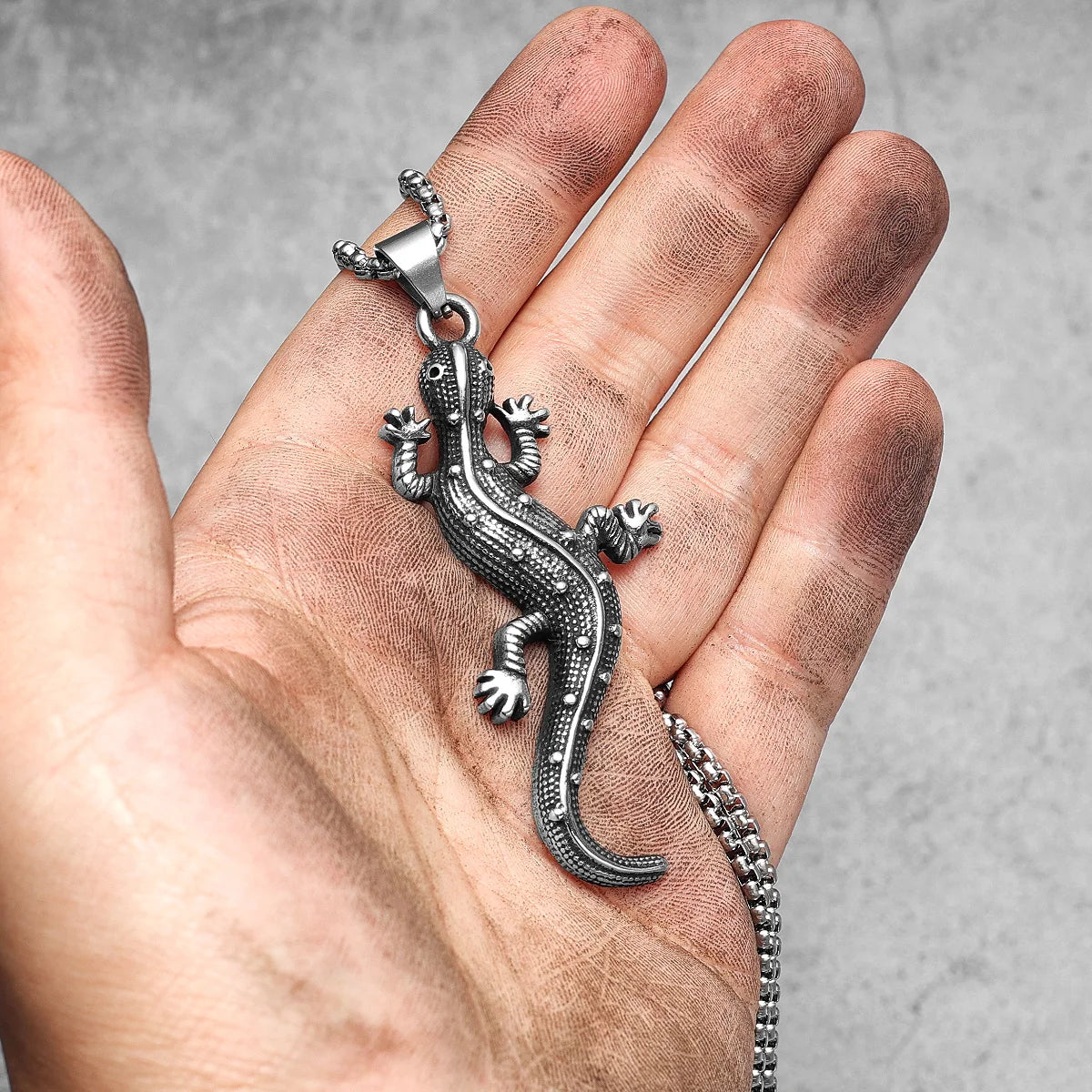Studded Gecko Pendant Necklace — Stainless Steel