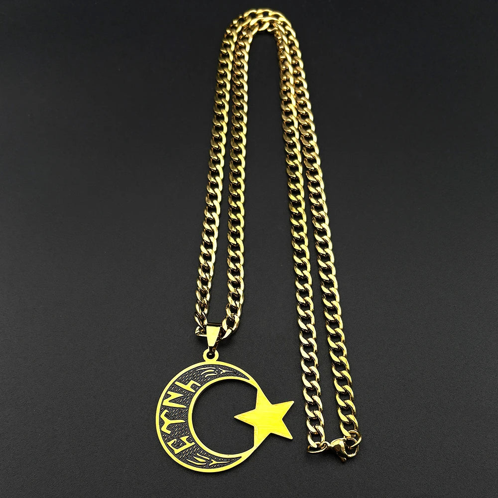 Muslim Islam Black Enamel Moon Star Stainless Steel Pendant Necklace for Women Men Gold Color Hebrew Hip Hop Chain Jewelry Gift