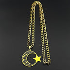 Muslim Islam Black Enamel Moon Star Stainless Steel Pendant Necklace for Women Men Gold Color Hebrew Hip Hop Chain Jewelry Gift
