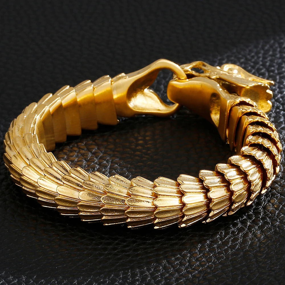 Dragon Head Animal Man Bracelet Gold Color 316L Stainless Steel Dragon Keel Chain Men's Bracelets Wristband Viking