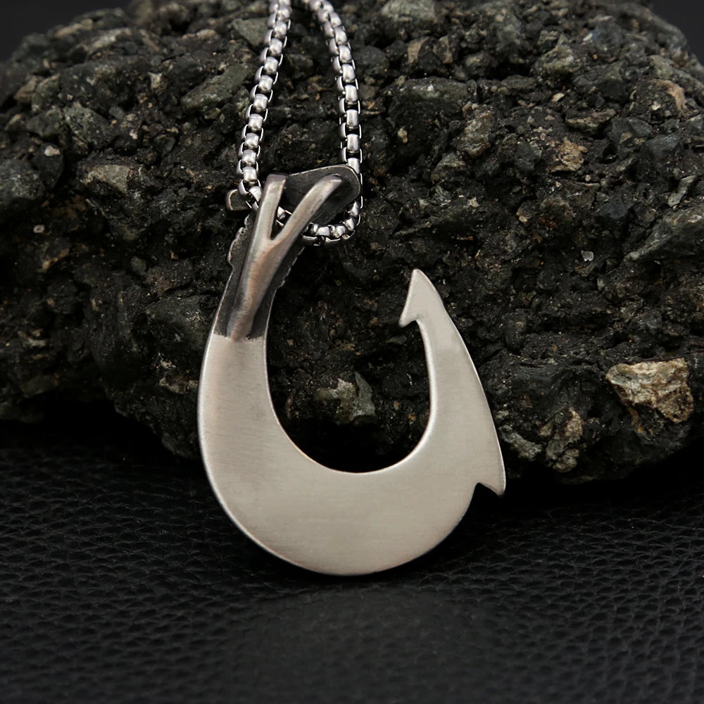 Tribal Swirl Fish Hook Stainless Steel Pendant Necklace Coastal Protective Marine Themed  Men Fishing Beach Casual Holiday Gift