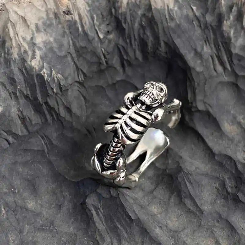 FuGui Vintage Skeleton Skeleton Frame Open Ring Punk Dark Style Cold Exaggerated Unisex Universal Finger Ring Fashion Jewelry