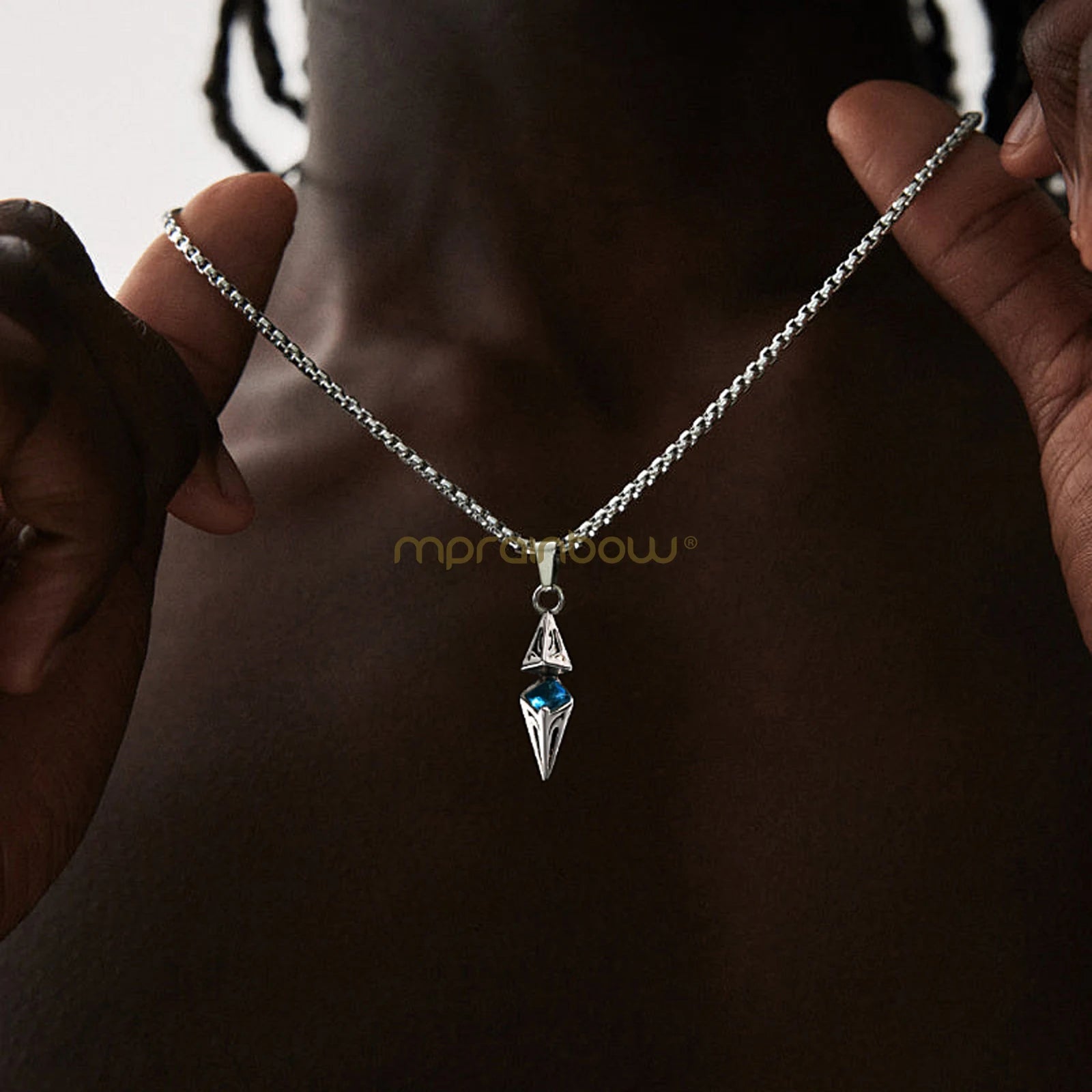 Blue Stone Geometric Pendant Necklace — Stainless Steel