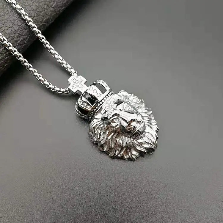Lion Crown Cross Pendant Necklace — Stainless Steel