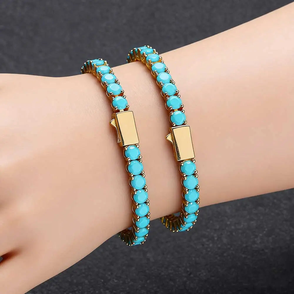 Gold Tennis Bracelet Blue Turquoise 4MM 18K