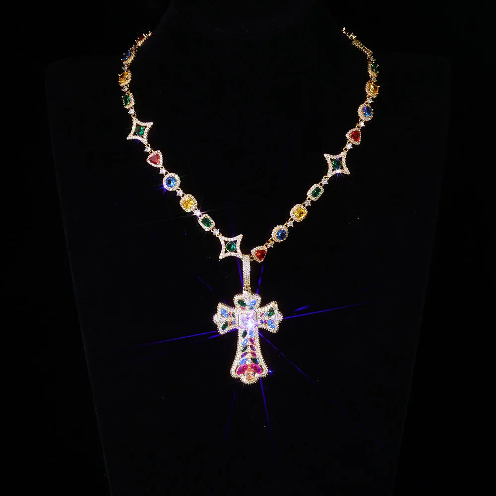 Cross Pendant Necklace Iced Out Multi-Color CZ