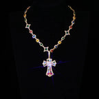 Cross Pendant Necklace Iced Out Multi-Color CZ