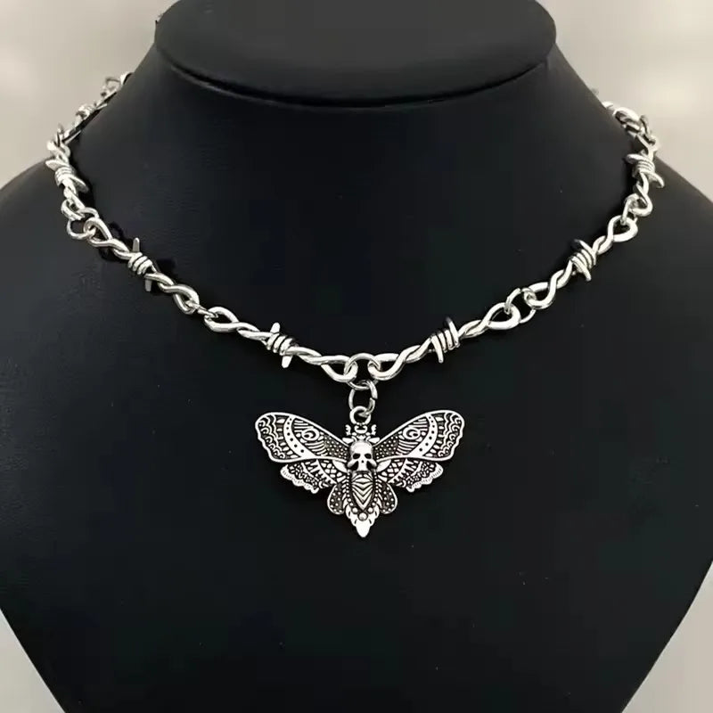 Moth Skull Barbed Wire Cross Choker — Stainless Steel