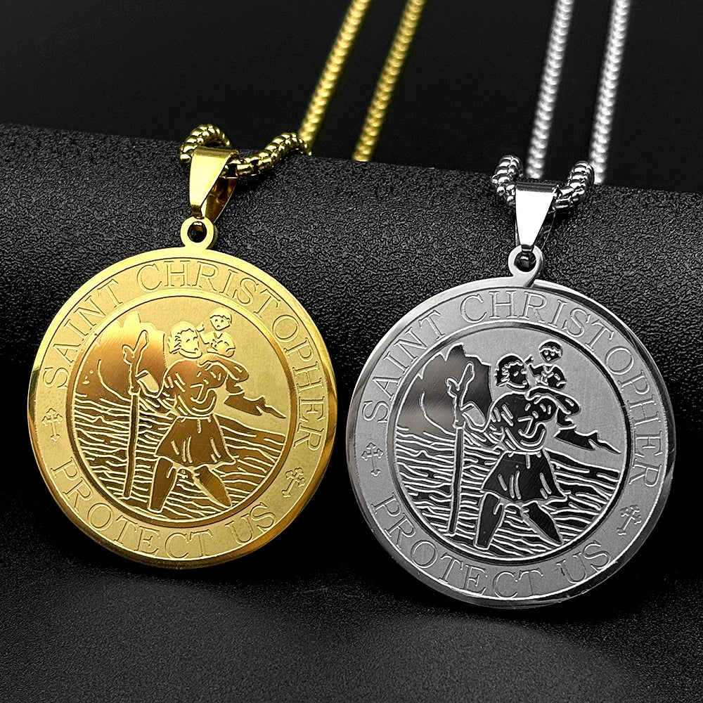 Catholic Saint Christopher Protect Us Round Pendant Necklace for Women Men Stainless Steel Gold Color Amulet Chain