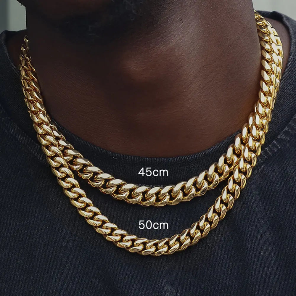 12mm Miami Mens Cuban Link Chain Necklace 316L Stainless Steel Gold Plated Necklace for Women with Full Iced Clasp