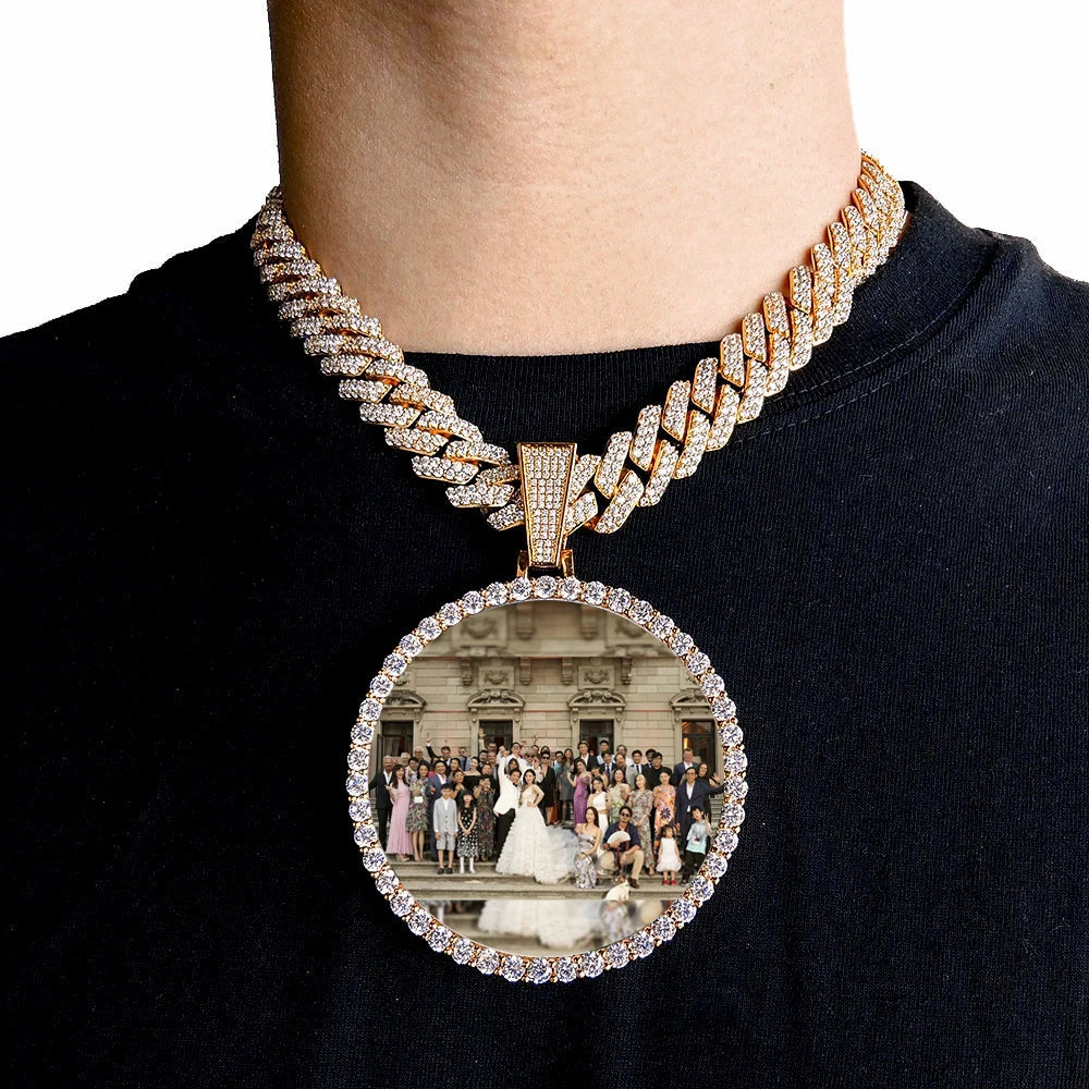 HHIOK Customized Necklaces Circle Chain Picture Personalized Diamond Memory Pendant with Photo Wing Design Gift for Men