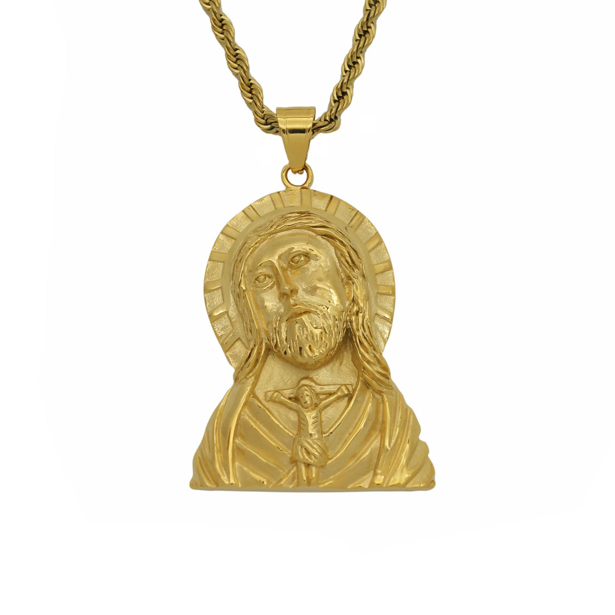 Gold Jesus Christ Face Pendant Necklace for Men — Stainless Steel