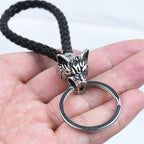 Vintage Wolf Head Keychains Viking Pendant Stainless Steel Wolf Keyring Male Black Leather Key Ring