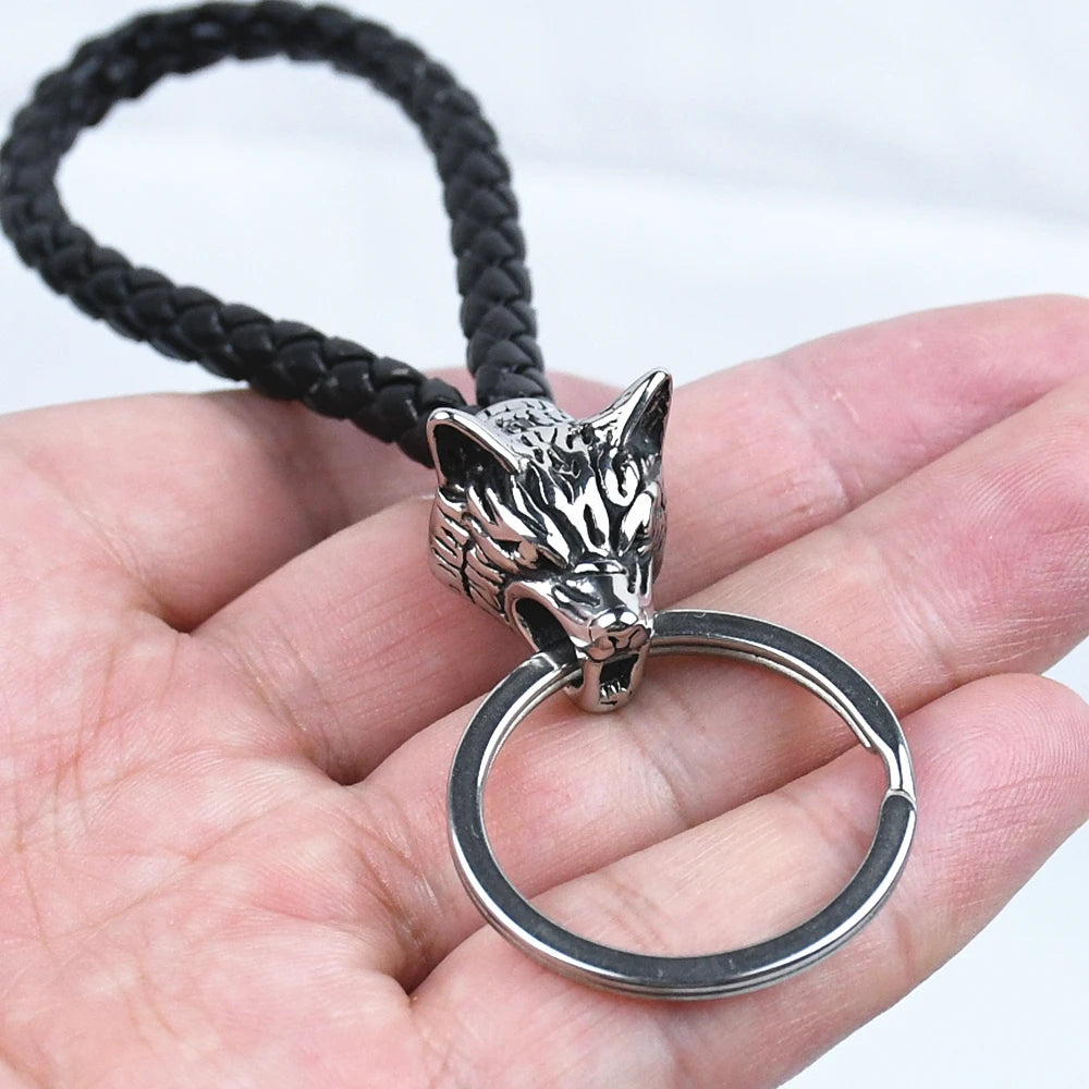 Vintage Wolf Head Keychains Viking Pendant Stainless Steel Wolf Keyring Male Black Leather Key Ring
