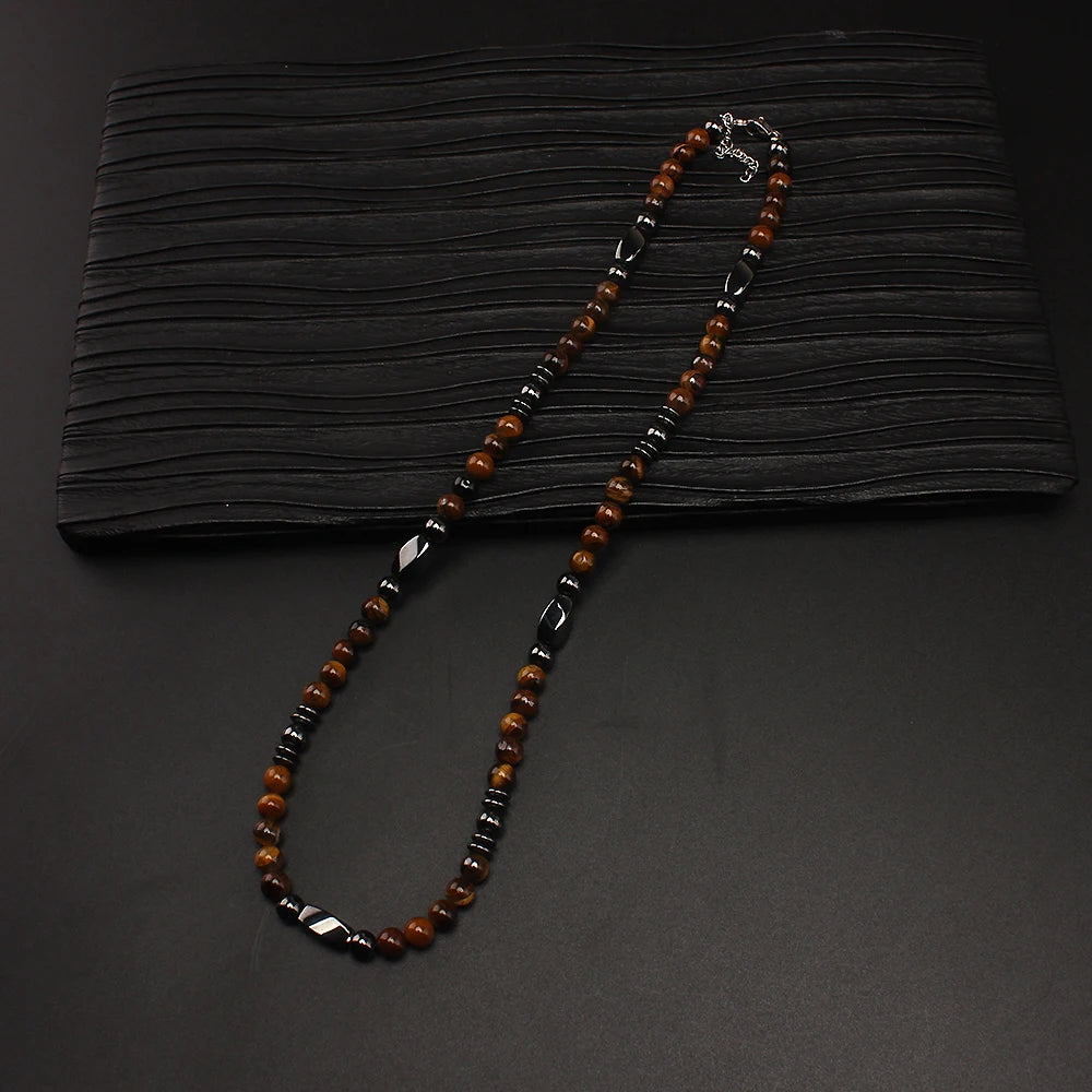 Natural Tiger Eye Hematite Bead Necklace — Zinc Alloy, 6mm