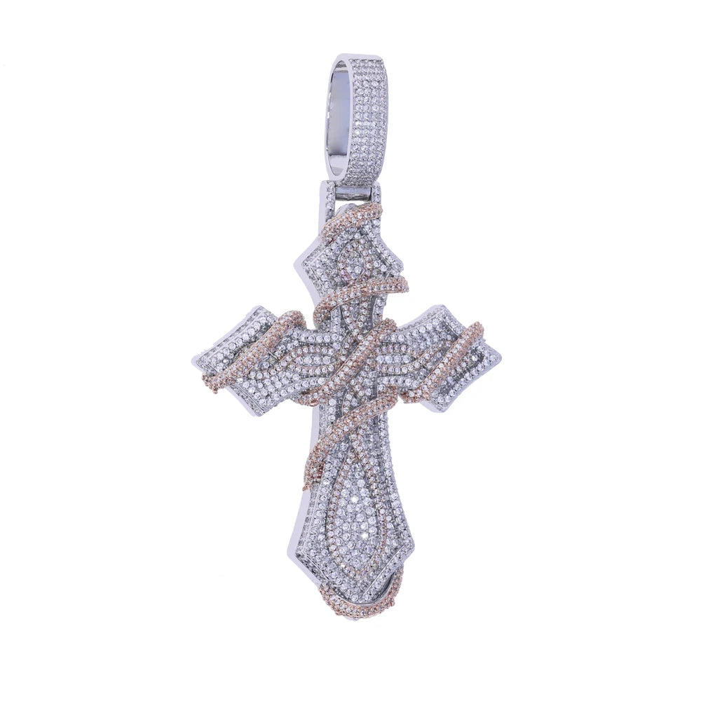 2026 New Iced Out Barbed Wire Wrapped Cross Pendant Necklace Silver Color Cubic Zirconia CZ Charm For Men Hip Hop