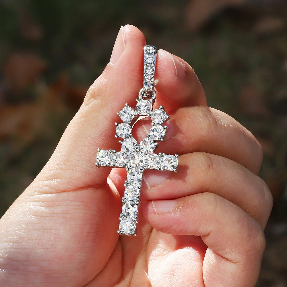 Iced Out Ankh Cross Pendant With 4mm Tennis Chain Necklace Good Luck Sparkling Hip Hop Creative Jewelry for Men Women Gift