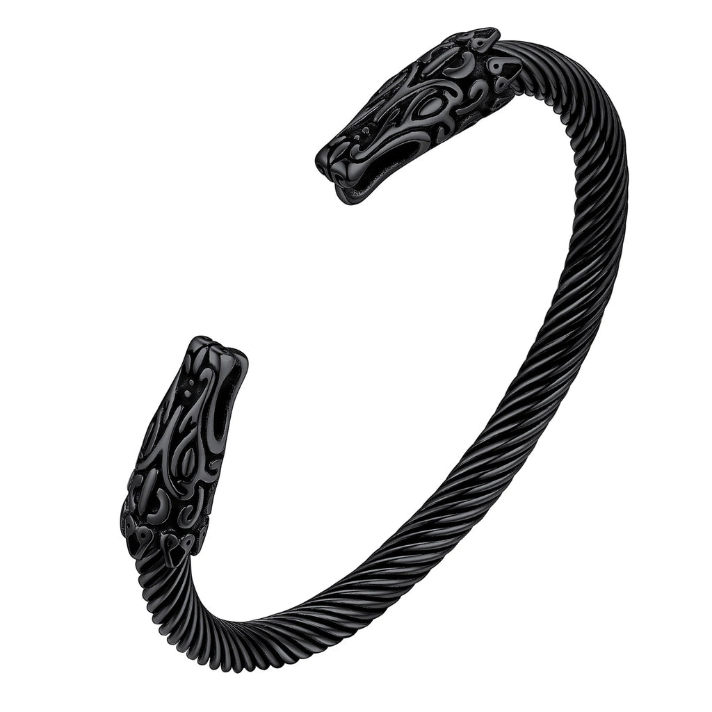 U7 Stainless Steel 6mm Wide Twristed Cable Open Bangle Cuff for Man Skull Dragon Long Charm End Rock Gothic Punk Jewelry Gift