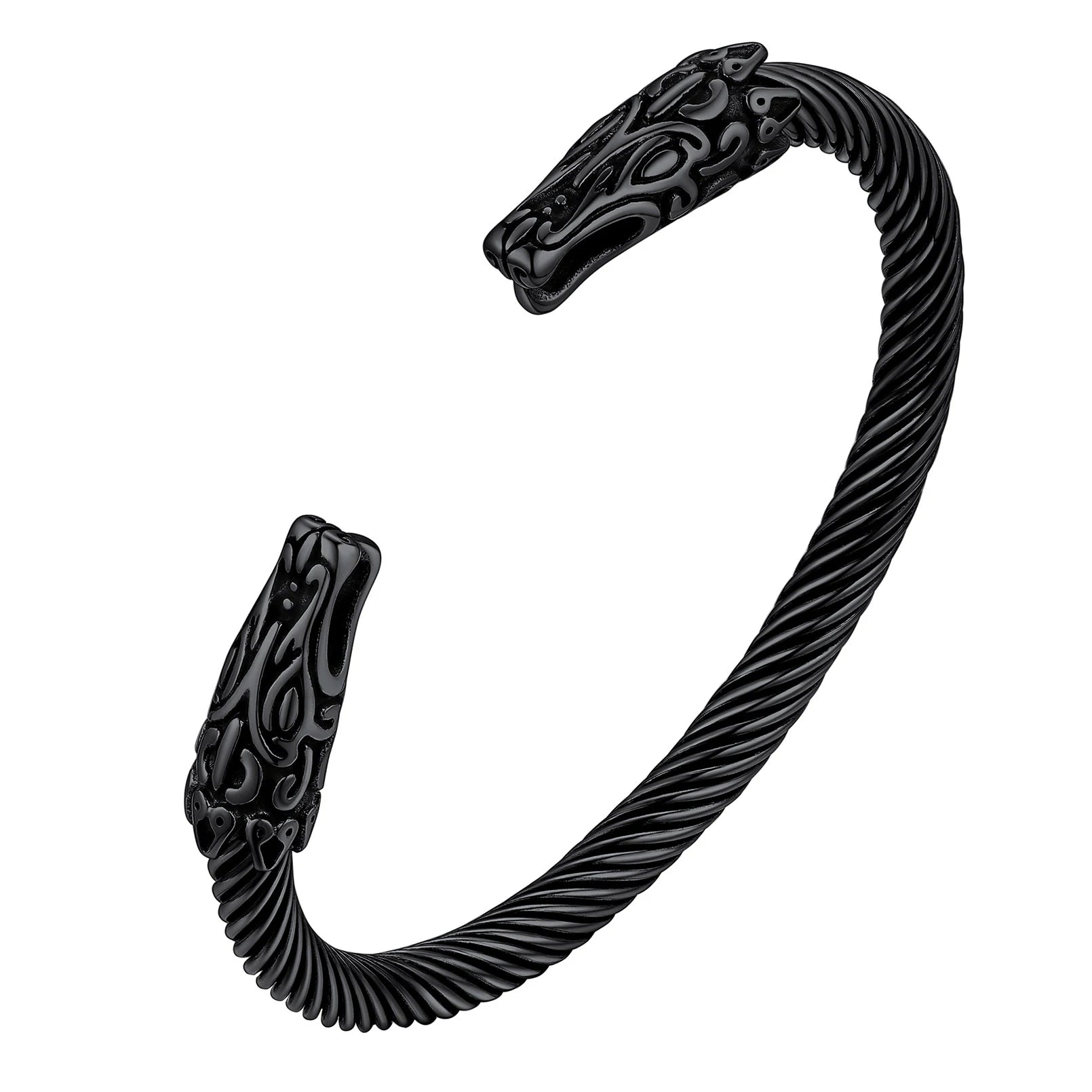 U7 Stainless Steel 6mm Wide Twristed Cable Open Bangle Cuff for Man Skull Dragon Long Charm End Rock Gothic Punk Jewelry Gift