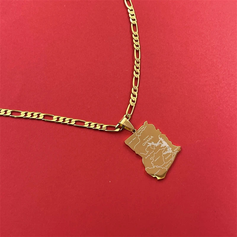 Ghana Map Pendant Necklace Laser Carved African Style — Gold-Tone