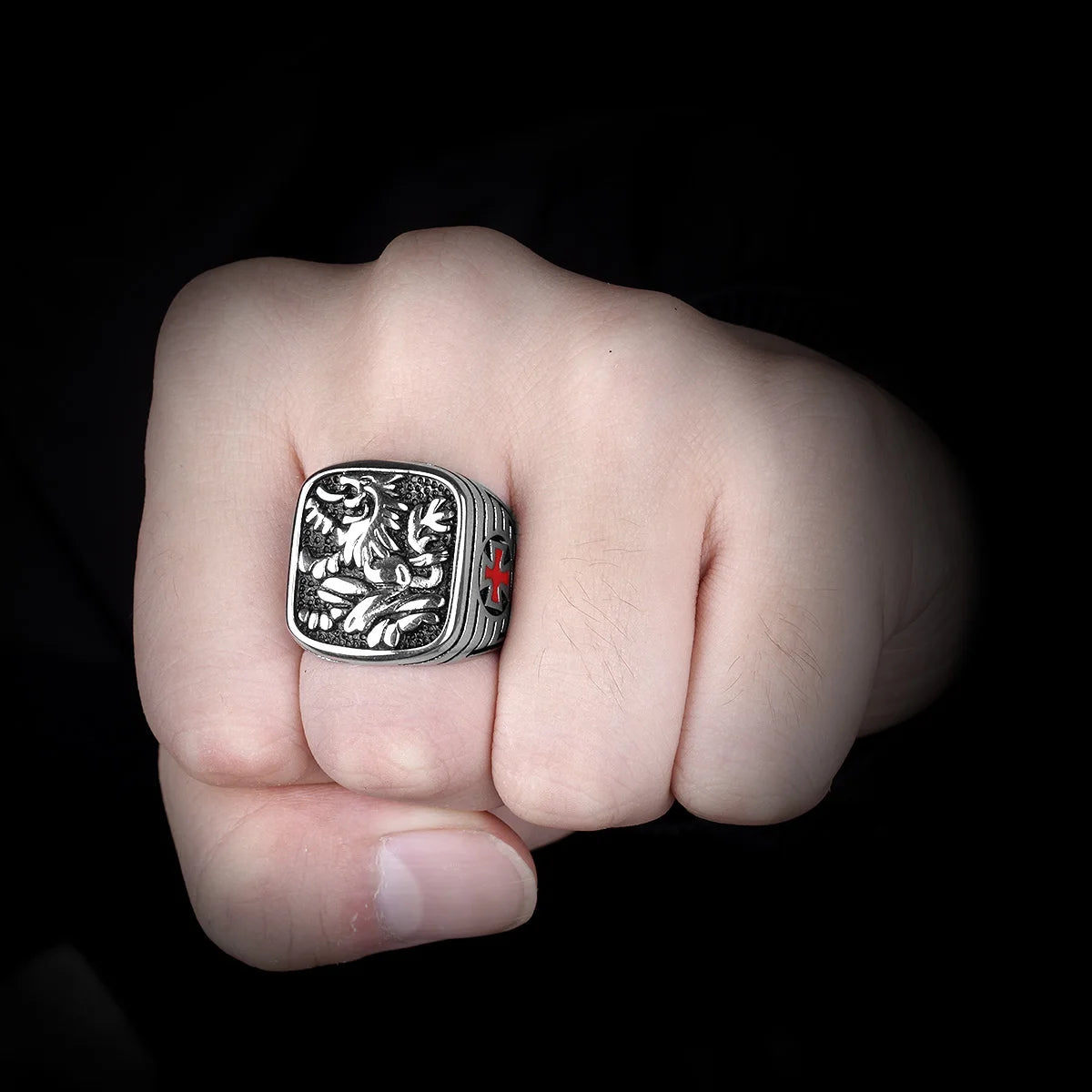 316L Stainless Steel Royal Lion Men Rings Vintage Religious Cross Talisman Good Lucky for Men Boy Fashion Jewelry Gift