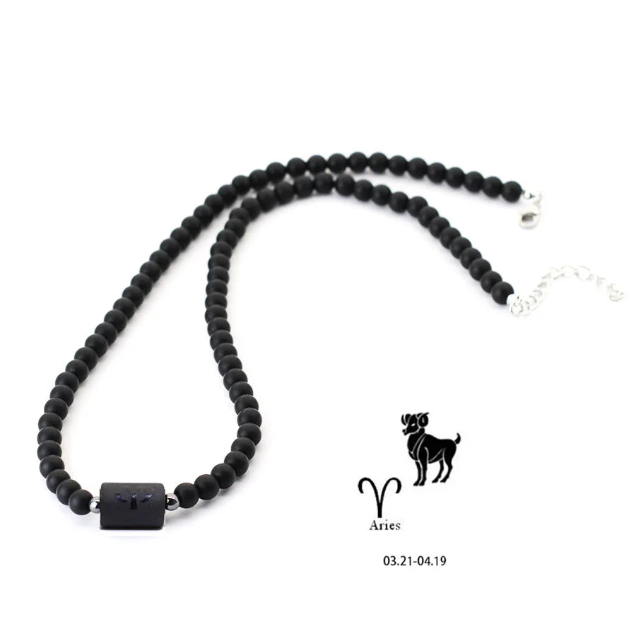 Fashion 12 Constellations Beaded Necklace Men Natural Black Onyx Stone Beads 48cm Short Collar Jewelry Leisure Party Homme Joias