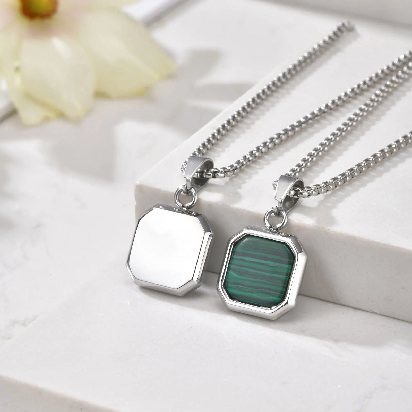 Green Square Stone Pendant — Stainless