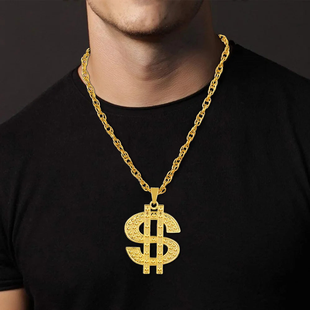 Fashion 18K Golden Plated Hip Hop Rock Necklace Stainless Steel US Dollar Money Sign Pendant Necklace Mens Women