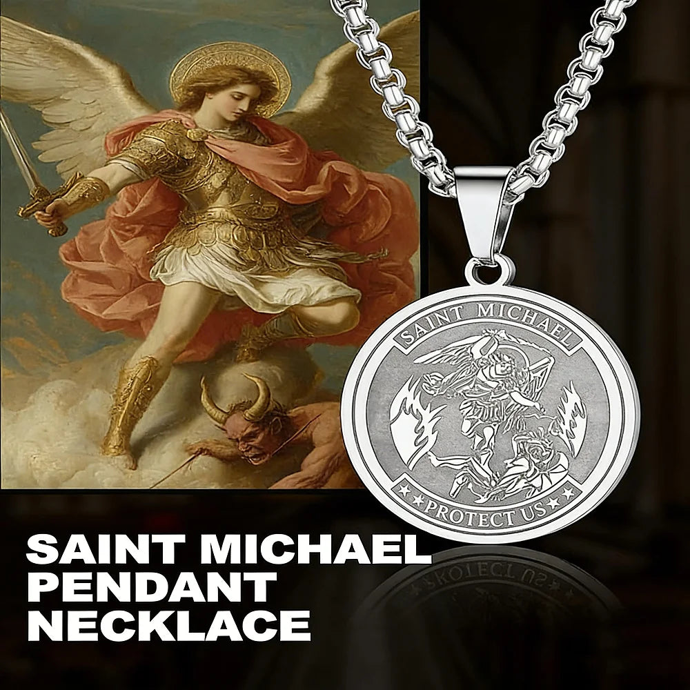 Round Archangel Michael Medal Pendant Necklace Black Color Stainless Steel Box Chain Necklace For Women Catholic
